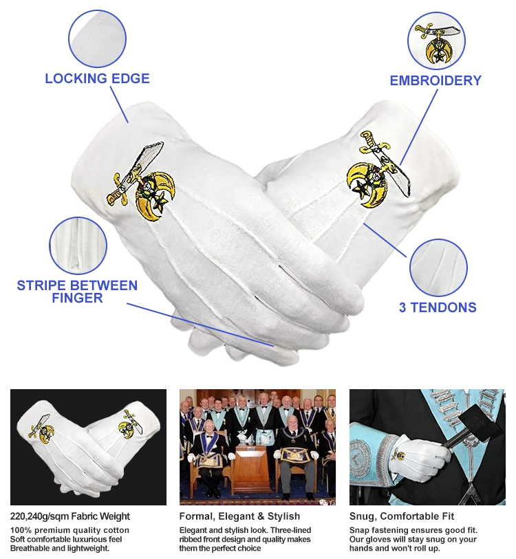Reusable Shriner Symbol Masonic Formal Ceremonies Embroidered Craft Cotton Gloves
